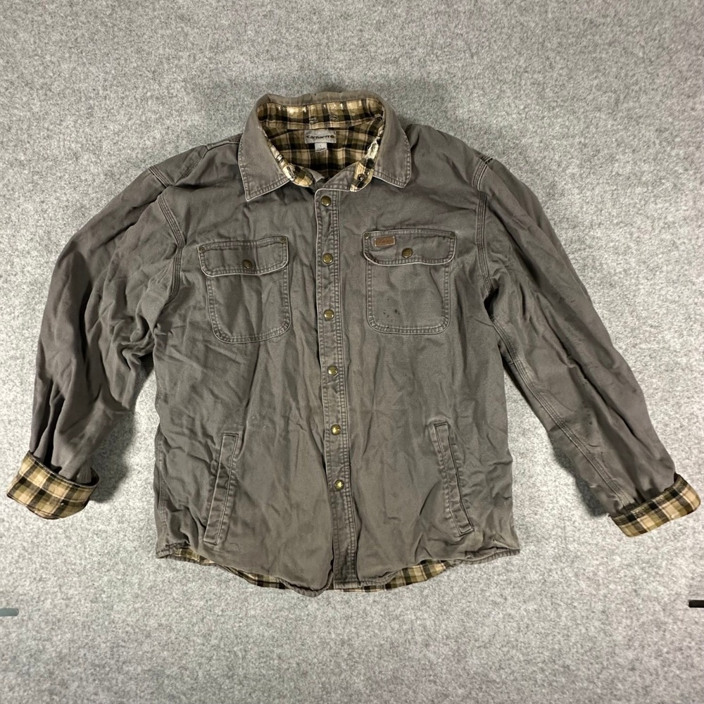 Carhartt Shirt Jacket Large Gray Mens Flannel Lined Canvas Workwear
